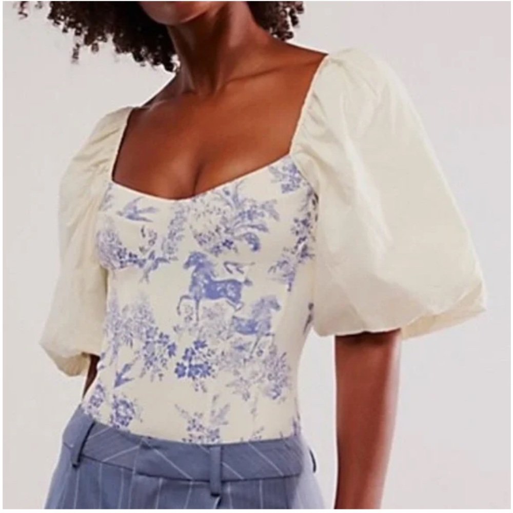 Intimately Free People Prairie Rose Puff Sleeve blue ivory toile